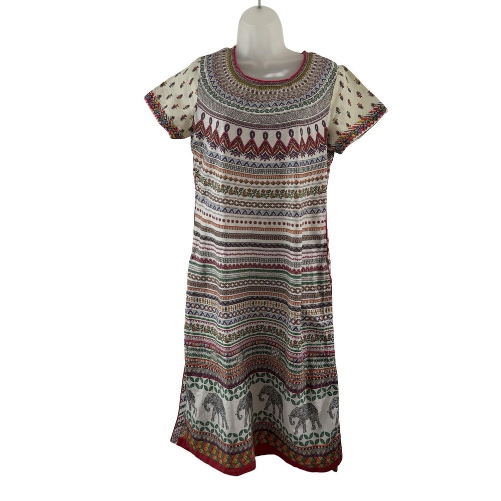 BiBA Dress Womens 36 Multicolor Elephant Ethnic Shift Short Sleeve Boho